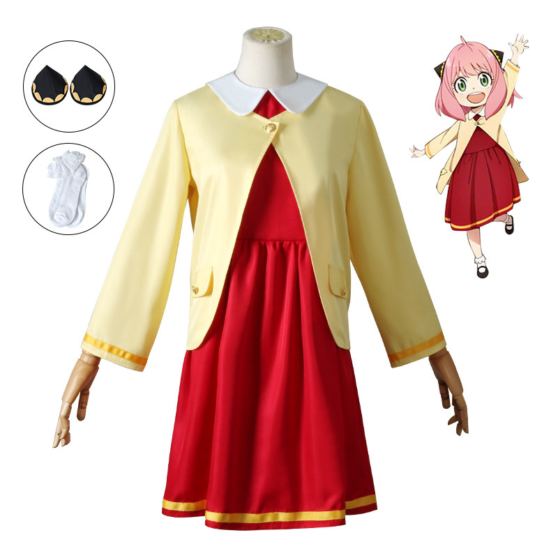 Anime Spy X Family Anya Forger Cosplay Costumes Red Dress Yellow Jacket Pink Wig Hairpins Girls Set Outfit For Kids Adult Women alx