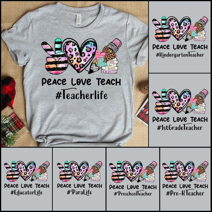 Personalized T-Shirt For Teacher Peace Love Teach Hashtag Teacher Life Leopard Hand Sign Heart Pencil