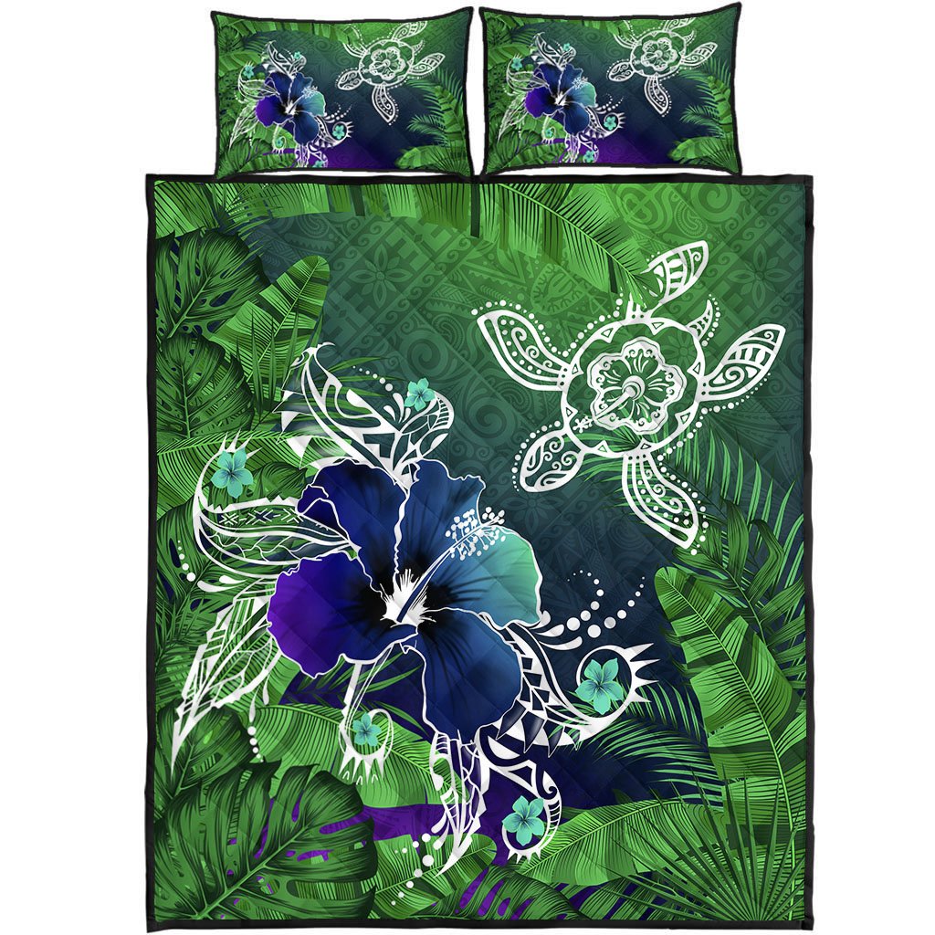 Hawaii Turtle Flowers And Palms Retro Quilt Bed Set – Green – AH J8