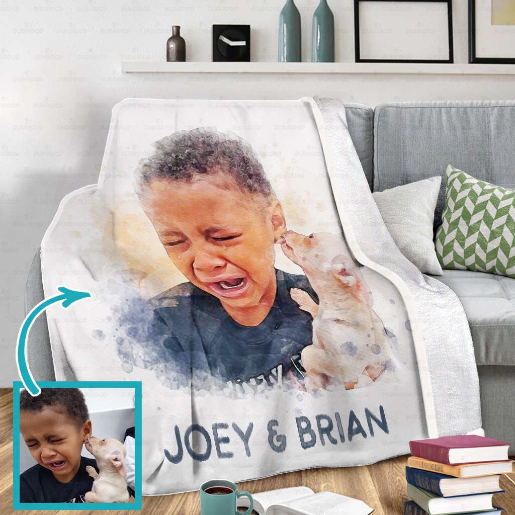 Personalized Dog Gift – Watercolor Puppy And Child Portrait  For Puppy Lovers – Fleece Blanket