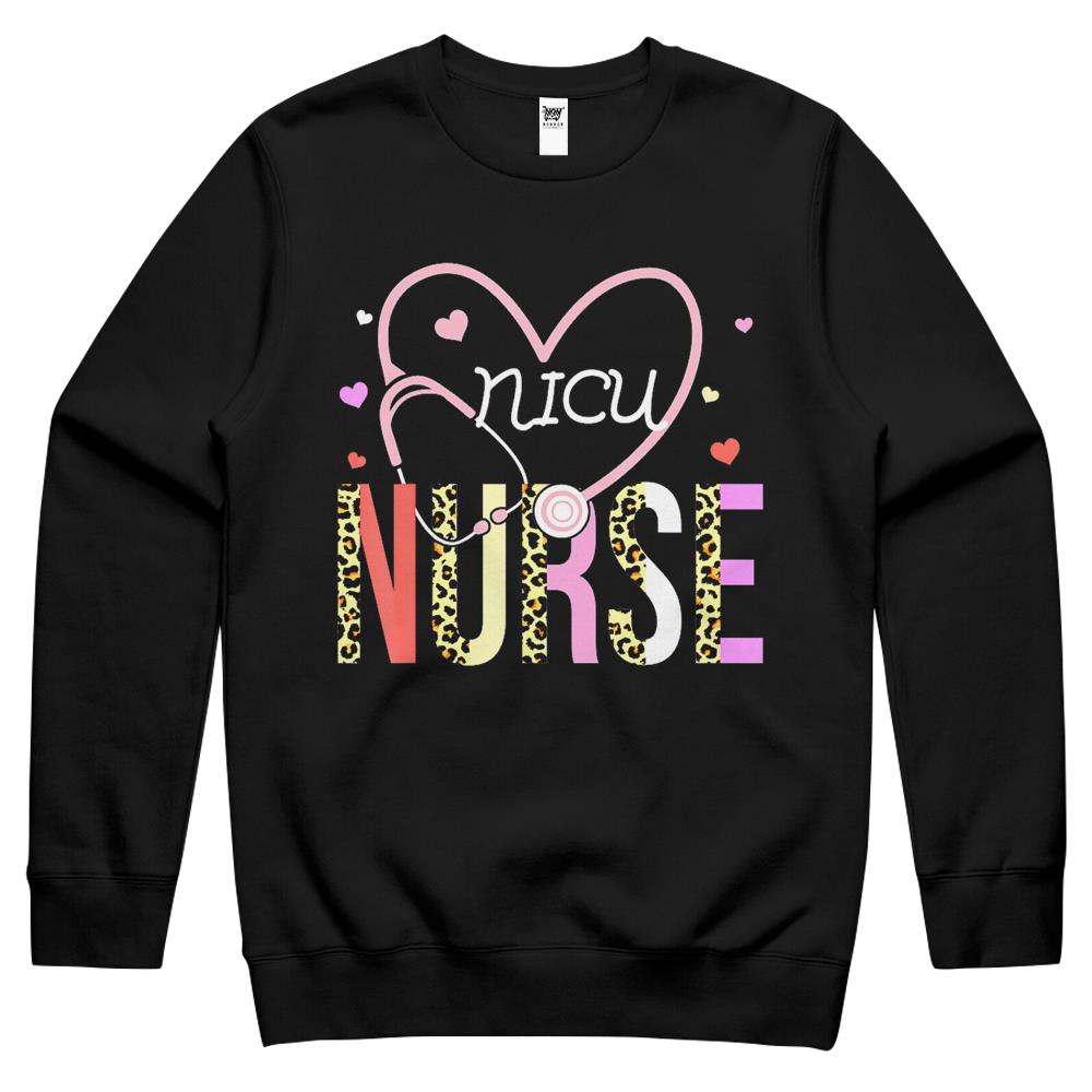 Nicu Nurse Valentine Leopard Print Heart Stethoscope Nursing Crewneck Sweatshirt