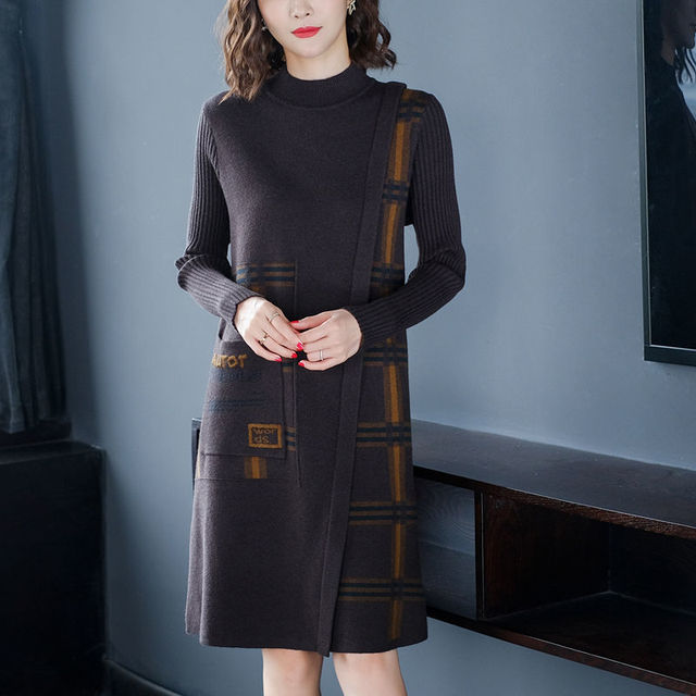 Women Sweater 2022 Fashion O-Neck Long Sleeve Length Patchwork Bottom Sweater Dress Oversize High Quality alx