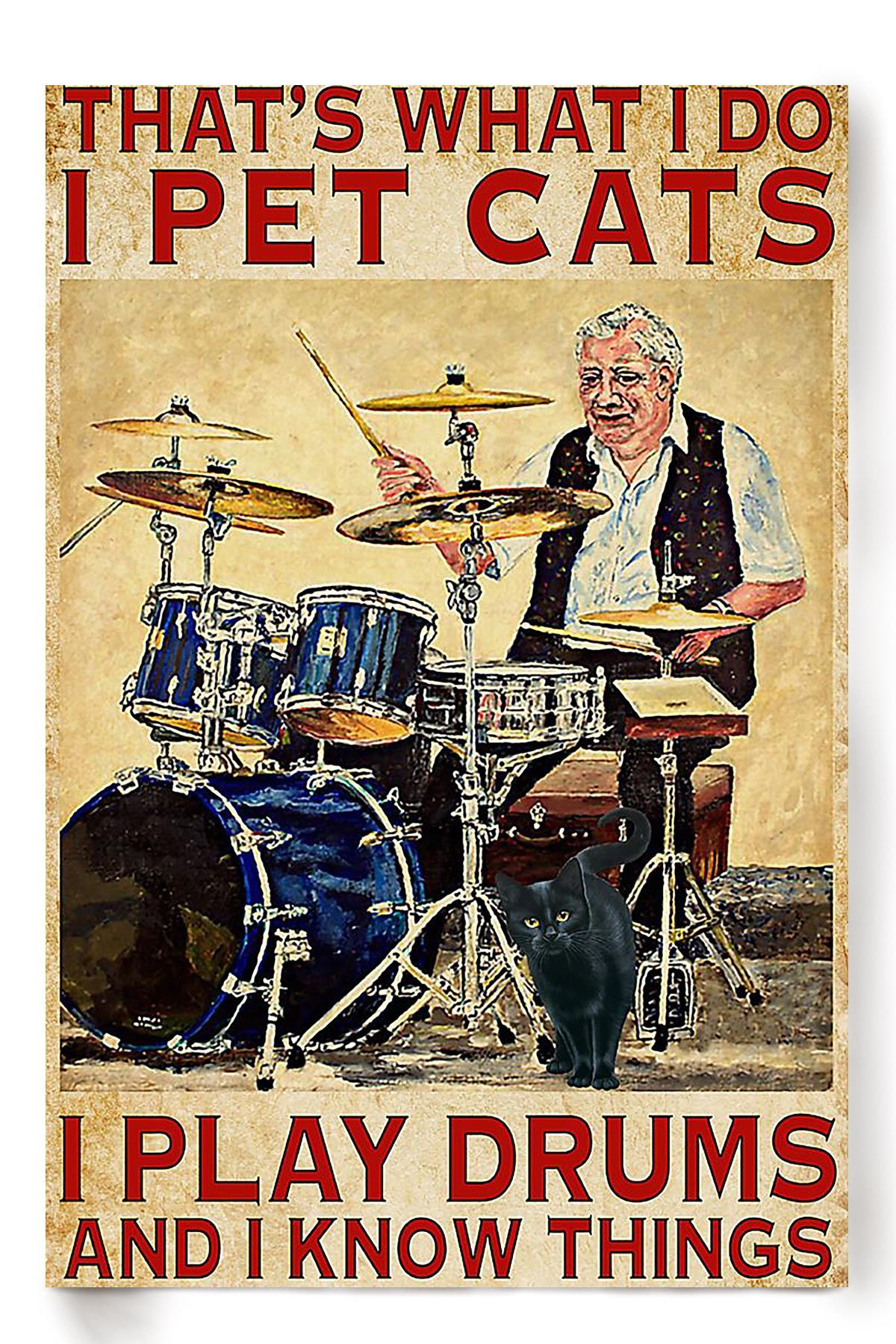 Pet Cats I Play Drums Animal Wall Art Gift For Cat Lover International Cat Day Kitten Foster Drum Player Poster