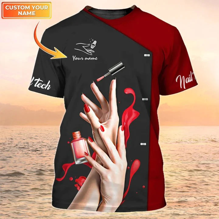 Personalized Name 3D Print Nail Tech Shirt, Unisex Premium Nail Shirts, Nail Shop Uniform