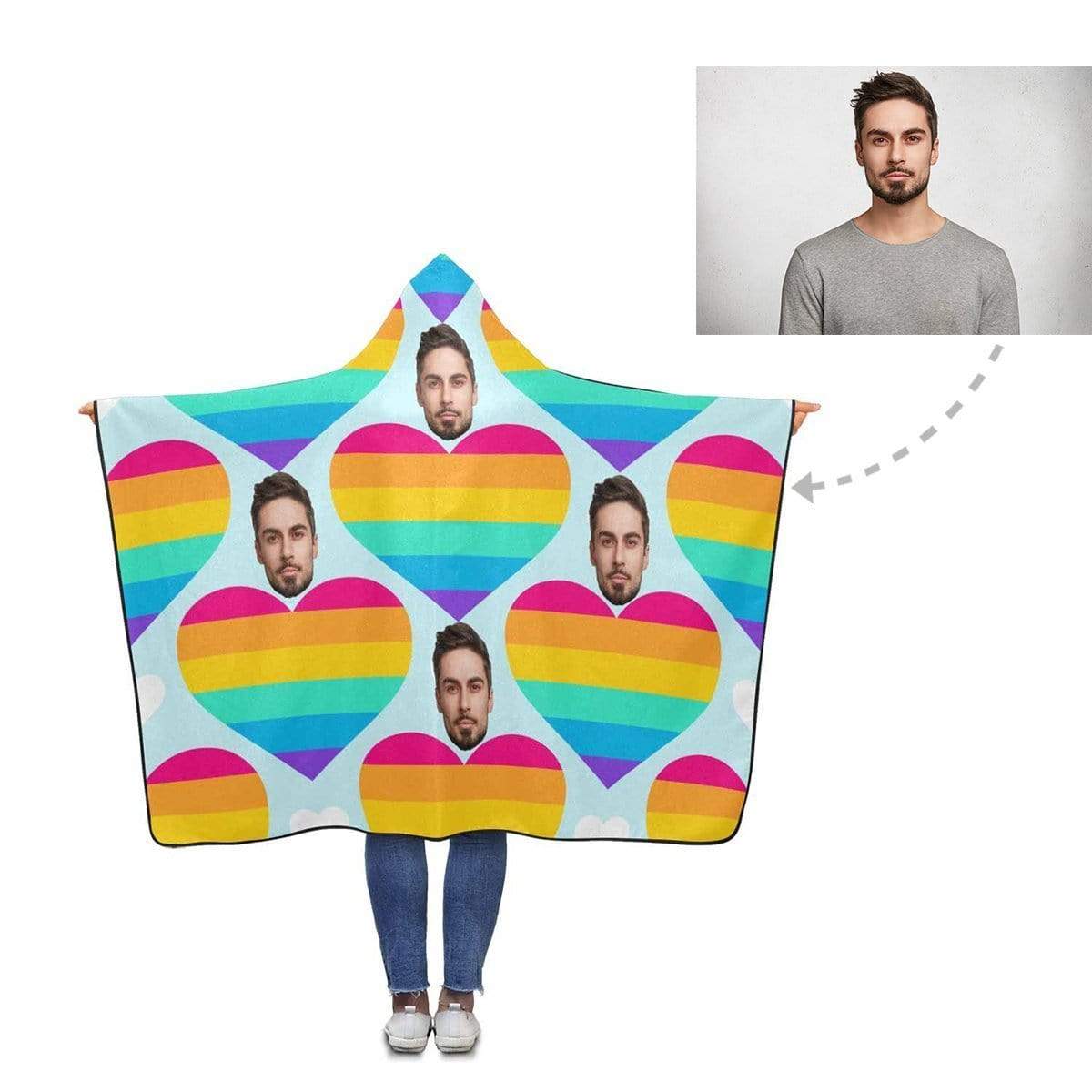 Custom Face Rainbow Love Heart Hooded Blanket