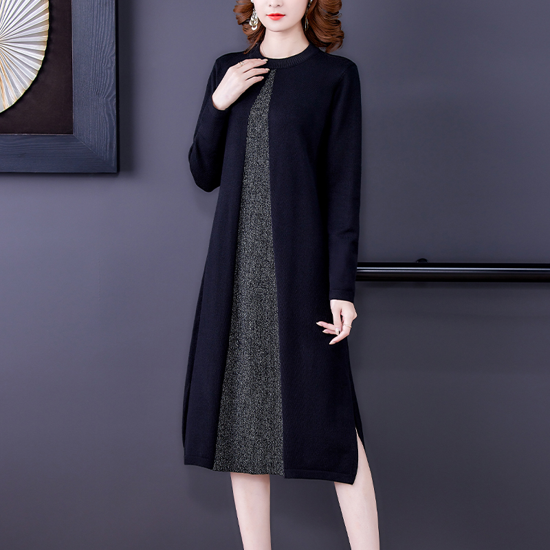 Winter New Black Patchwork Wool Sweater Midi Dress Autumn Women Vintage Knitted Pullovers 2022 Elegant Bodycon Sweaters&Jumpers alx