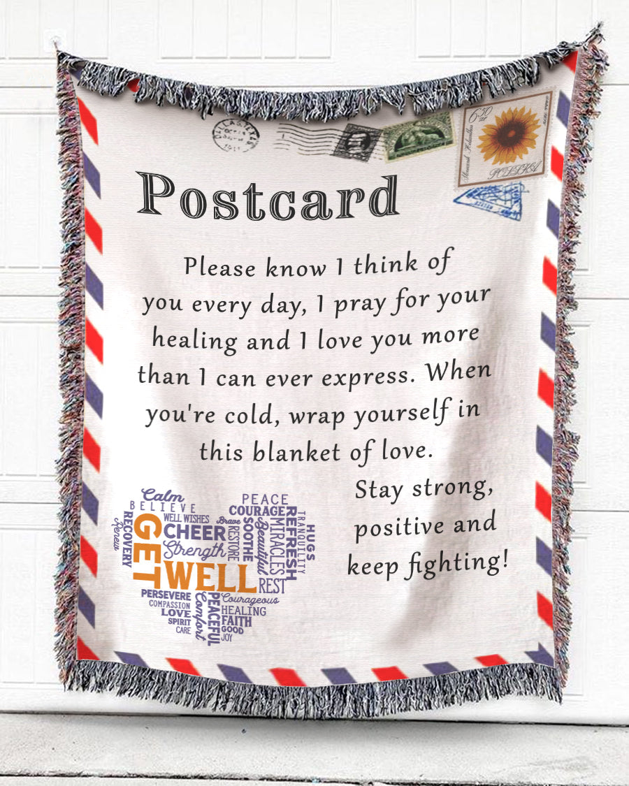 Woven Throw Get Well Soon Gift, Stay Strong Postcard, Cotton Blanket