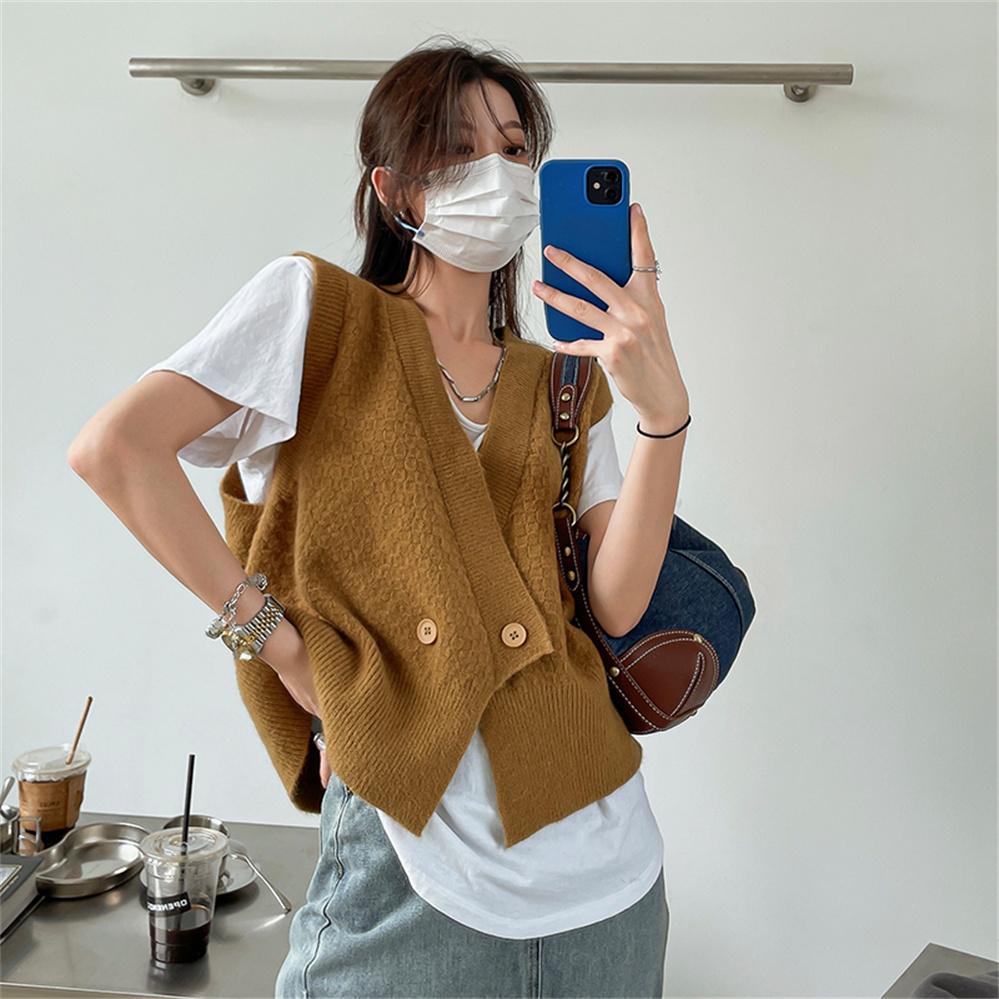 Women’s vest knitting vests folded loose V-neck waistcoat sweater waistcoat irregular cropped top coat for autumn and winter alx