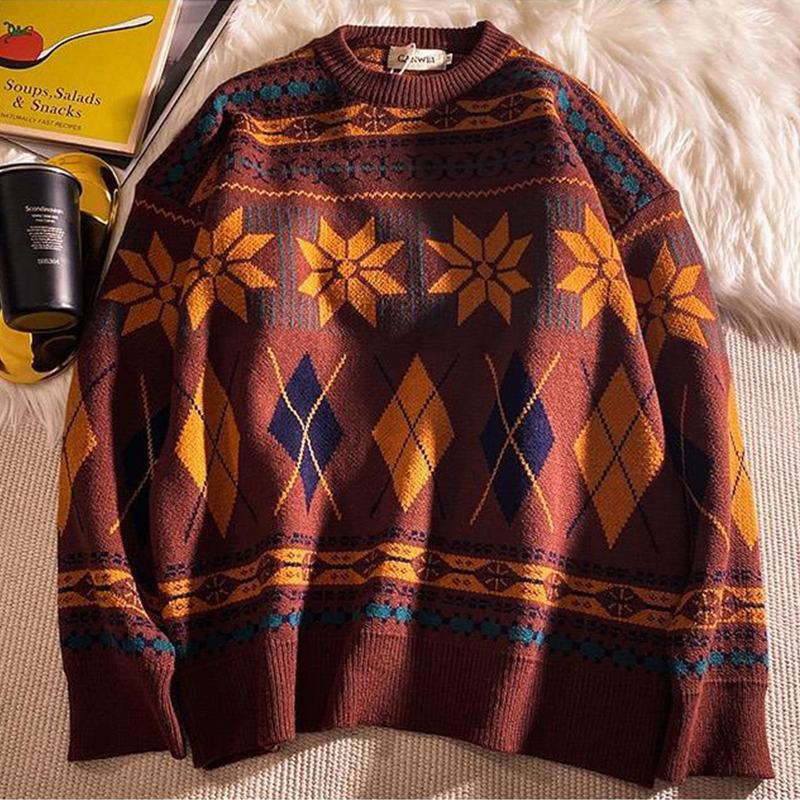 Vintage Y2k Sweater Casual Print Men’s Christmas Knitted Sweater Korean Harajuku Warm Retro Hippie Kpop Y2k Couple Sweater Male alx