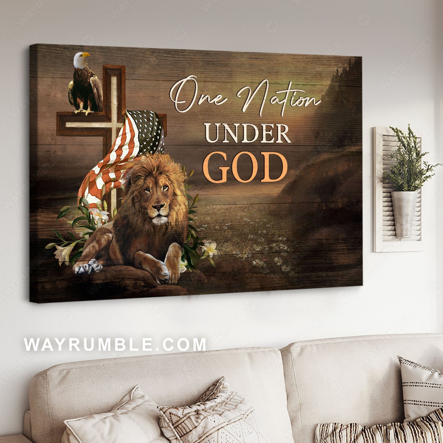 The Lion Of Judah, Eagle, Us Flag, Cross Symbol, One Nation Under God – Jesus Landscape Canvas Prints, Christian Wall Art