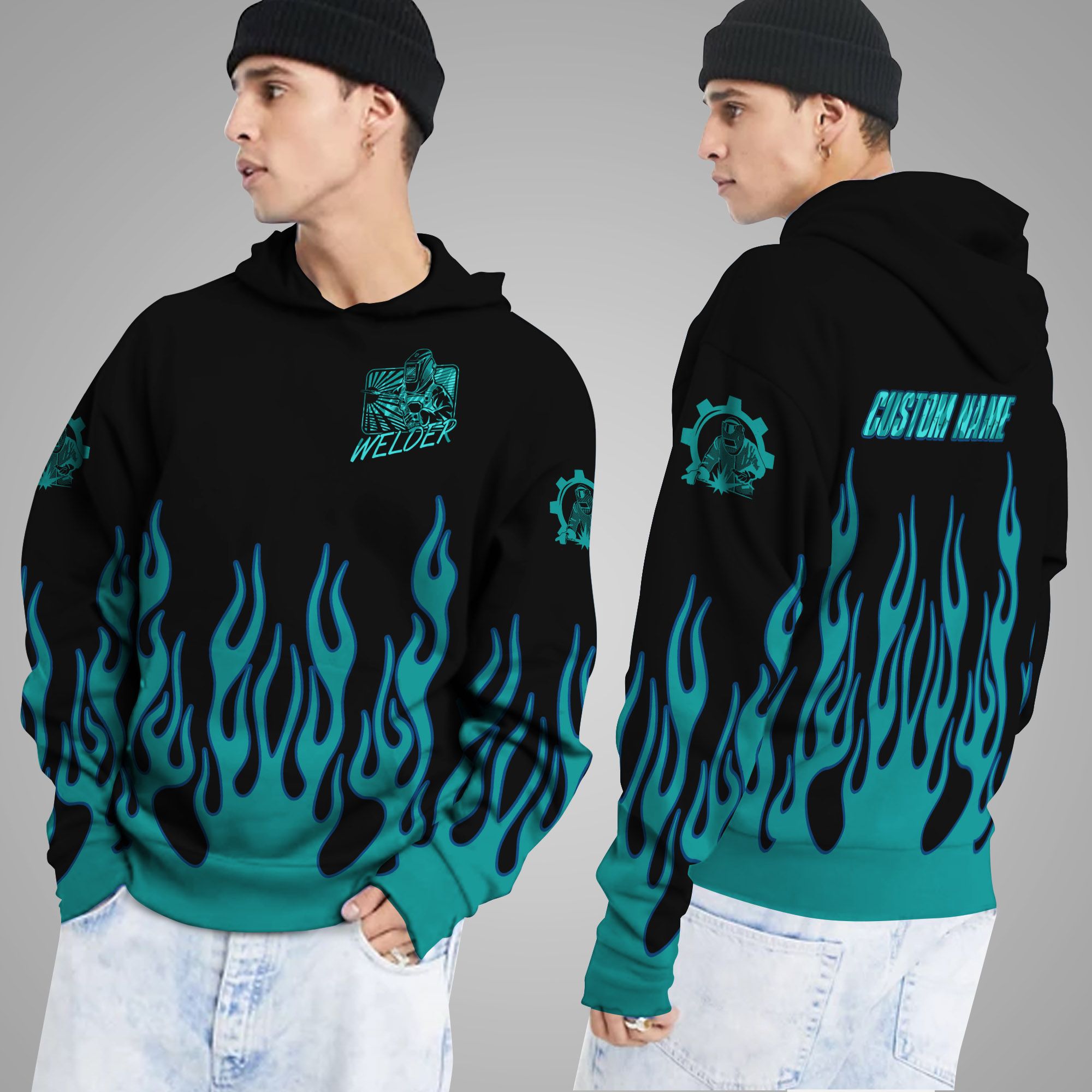 Welder Vintage Green Flame Custom Name 3D Hoodie Shirt For Welding Lovers