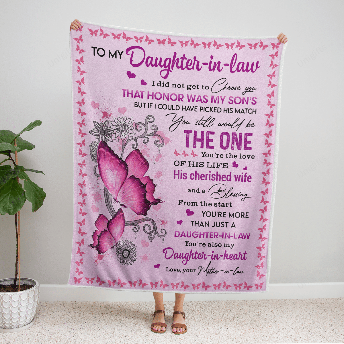 To My Daughter-In-Law From Mom Butterfly You’Re The Love Of His Life Fleece Blanket Birthday Gift Home Decor Bedding Couch Sofa Soft And Comfy Cozy