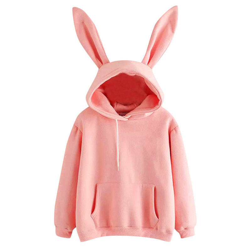 Women Cute Bunny Ears Hoodies Top Casual Fashion Solid Color Long Sleeve Hooded Sweatshirt Pullover Outwear Fall Spring S-XXL alx