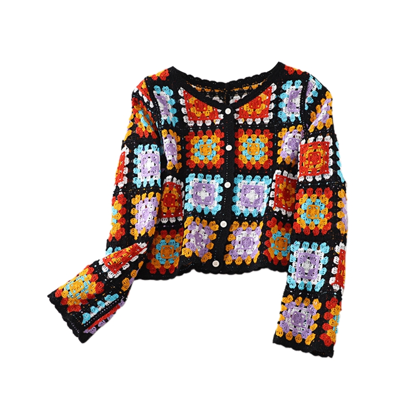 Spring Autumn Knit Sweater Cardigan for Women Long Sleeve Jacket Button Down Crochet Colorful Geometric Pattern Coat alx