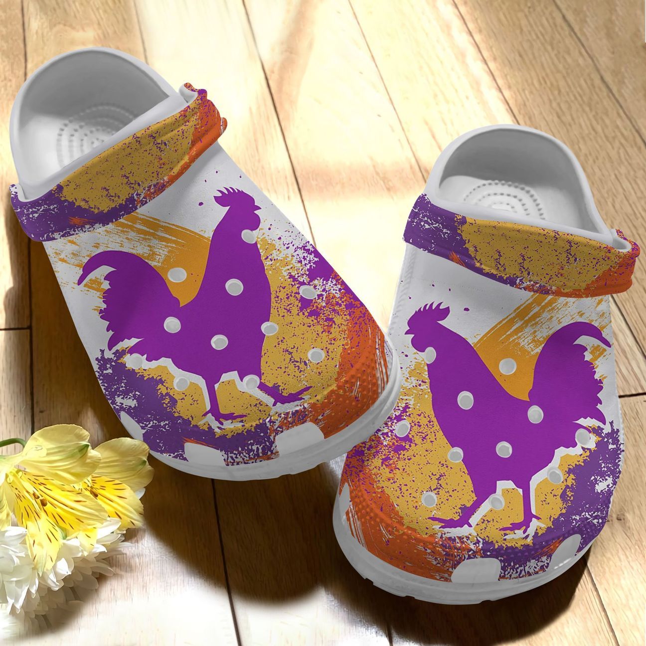 Chicken Personalize Clog, Custom Name, Text, Fashion Style For Women, Men, Kid, Print 3D Whitesole Purple And Yellow