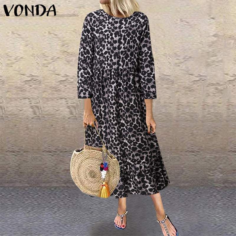 Casual Loose Long Sleeve Vintage Long Leopard Dress