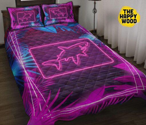 Shark Neon Purple Art Style Quilt Bed Set And Pillow Covers