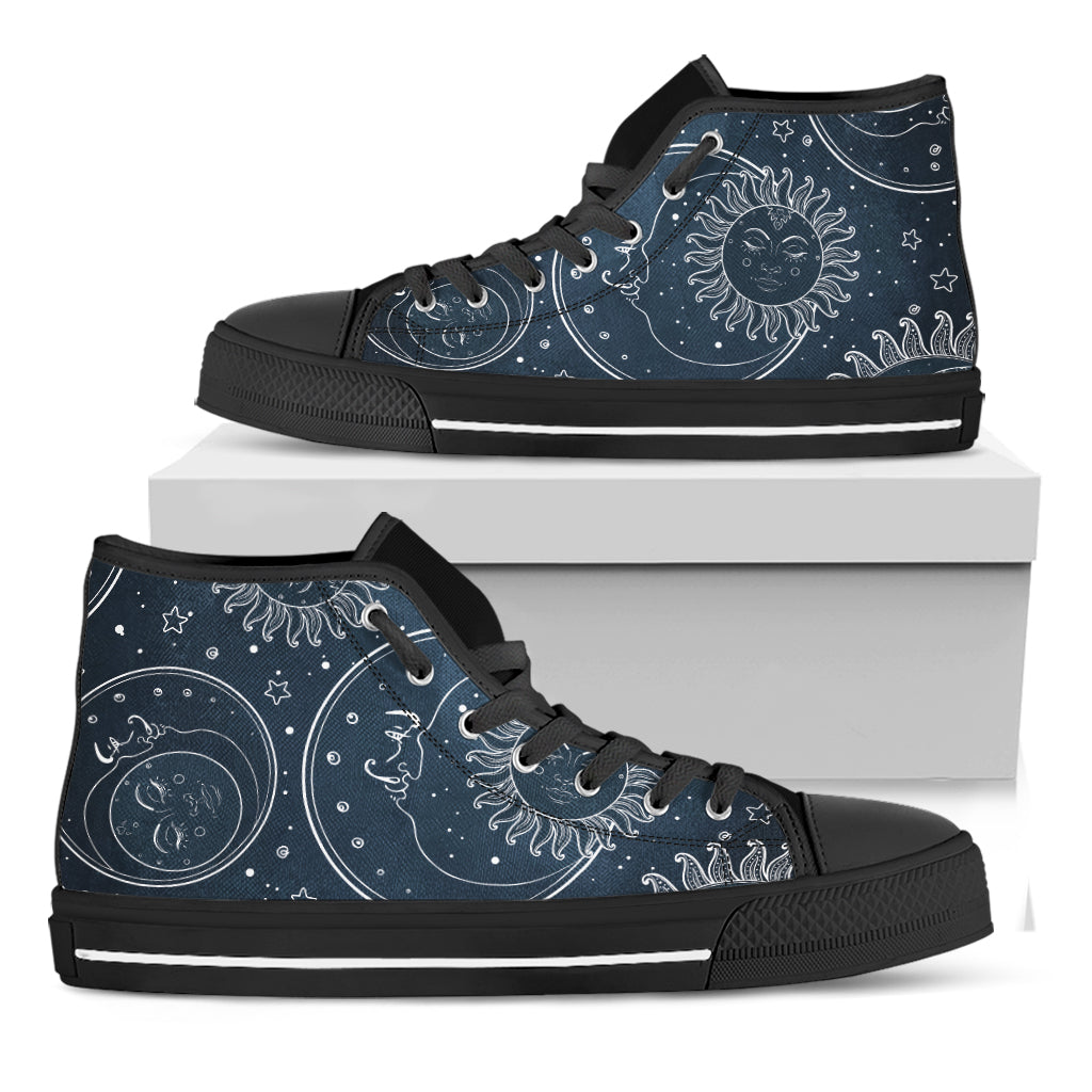 Vintage Sun And Moon Pattern Print Black High Top Shoes