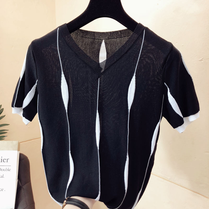 2022 New Summer Women Loose Patchwork V Neck Short Sleeve Thin Knitting T-shirt Tops Female Bottoming Tee Shirts S96 alx