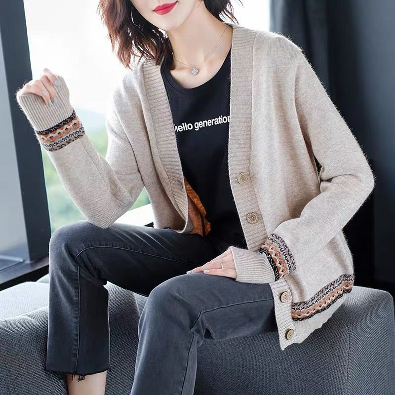 Spring Autumn Women’s Vintage Ethnic Style V-neck Print Buttons Knitwear Cardigan Casual Long Sleeve Knitted Sweater Coat Jumper alx