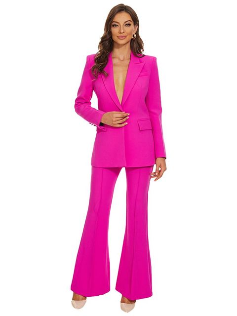 Amandina Luxe Fuchsia Women’s Two Piece Business Suit Set One Button Blazer and Pants alx