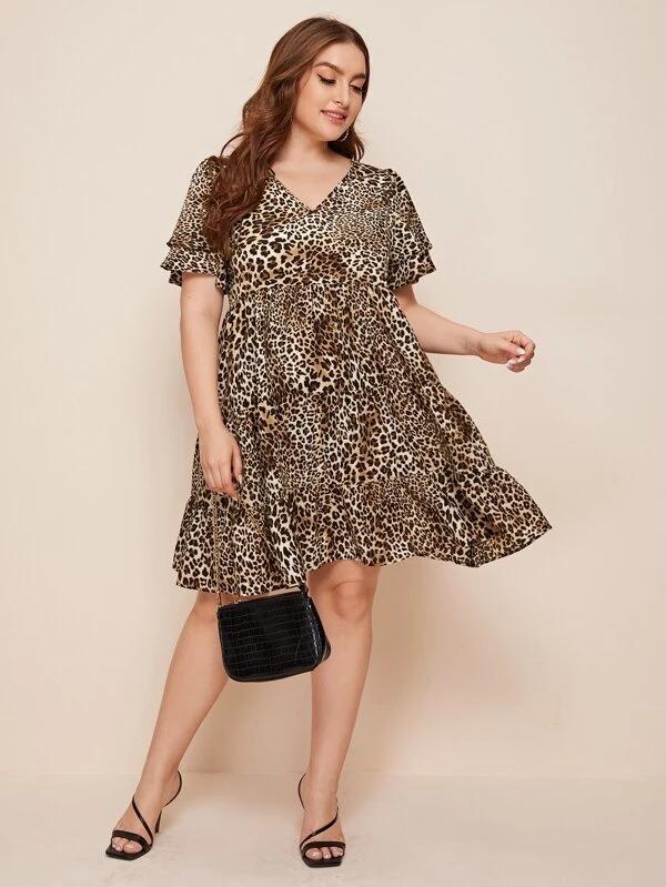 Women Plus Size V-neck Leopard Smock Dress