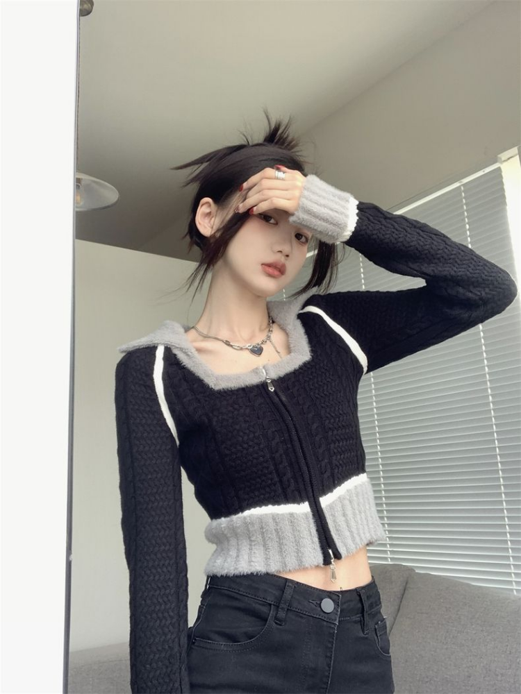 Y2k Aesthetic Harajuku Vintage Fashion 2022 Autumn Slim-fit Sweaters Women Patchwork Zipper Cardigan Femme Long Sleeve Crop Tops alx