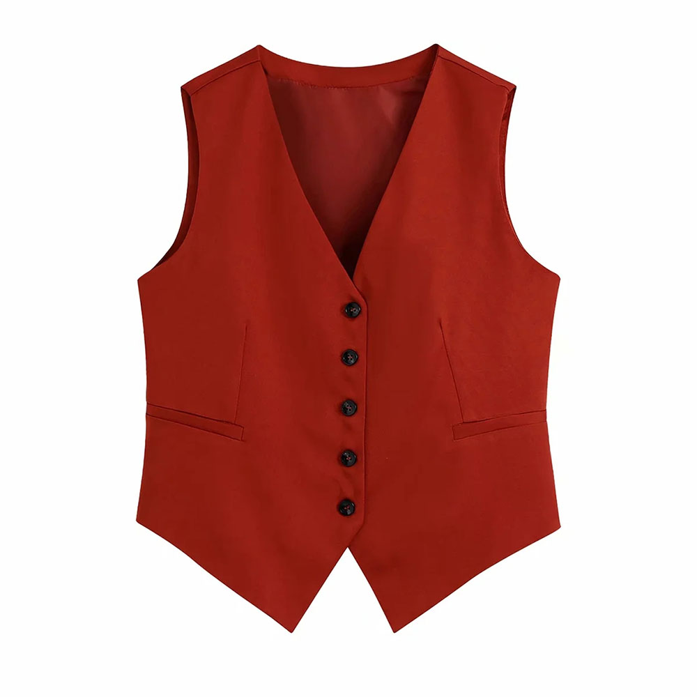 BBWM 2021 Women Elegant Red Streetwear Sleeveless Short Vest Female Vintage Slim V-Neck Single-breasted Casual Waistcoat alx