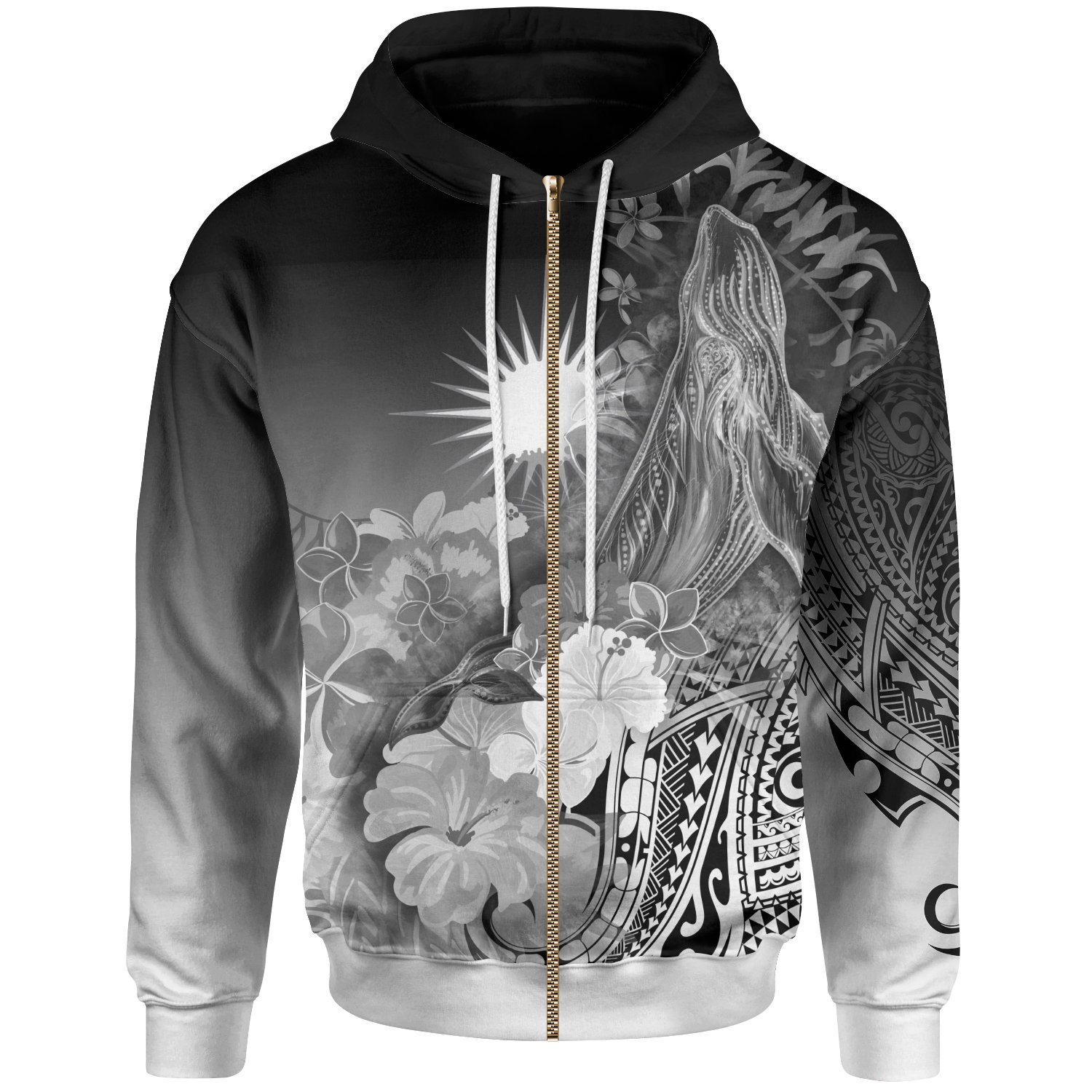 Marshall Islands Zip-Up Hoodie – Humpback Whale with Tropical Flowers (White)- Pacific Print Hoodie