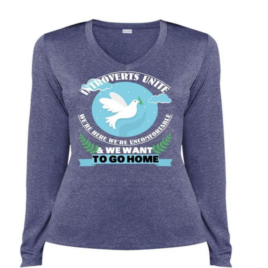 We’re Here We’re Uncomfortable T Shirt, We Want To Go Home T Shirt, Cool Shirt (Ladies LS Heather V-Neck)