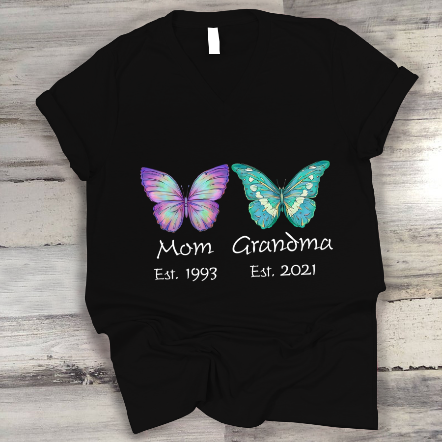 Butterfly Mom Grandma Est V-Neck