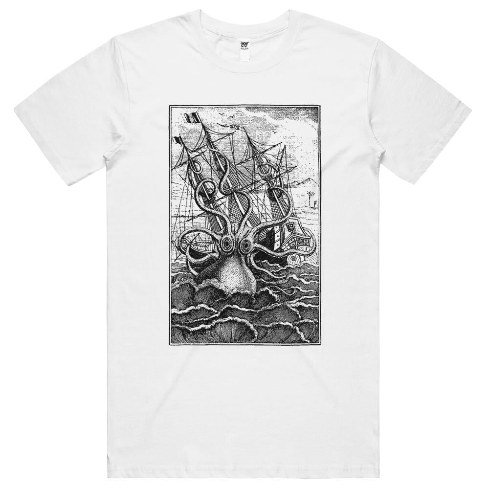 Vintage Kraken Attacking Ship Illustration T Shirts