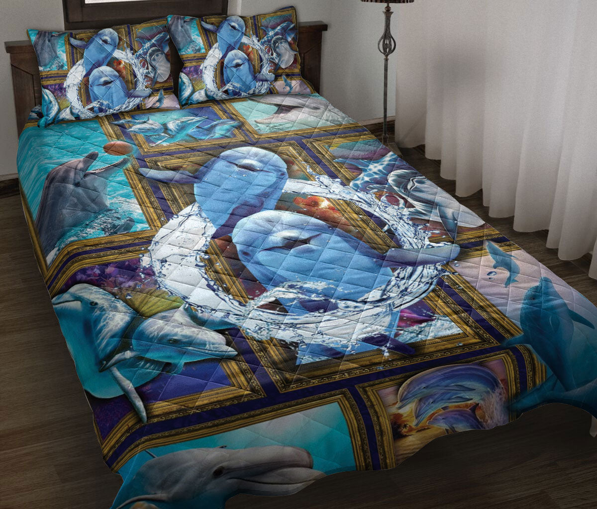 Dolphin Quilt Set, Cute Dolphin Frame Patchwork Floral Ocean Quilt Blanket With Pillowcases, Quilt Bedding Set