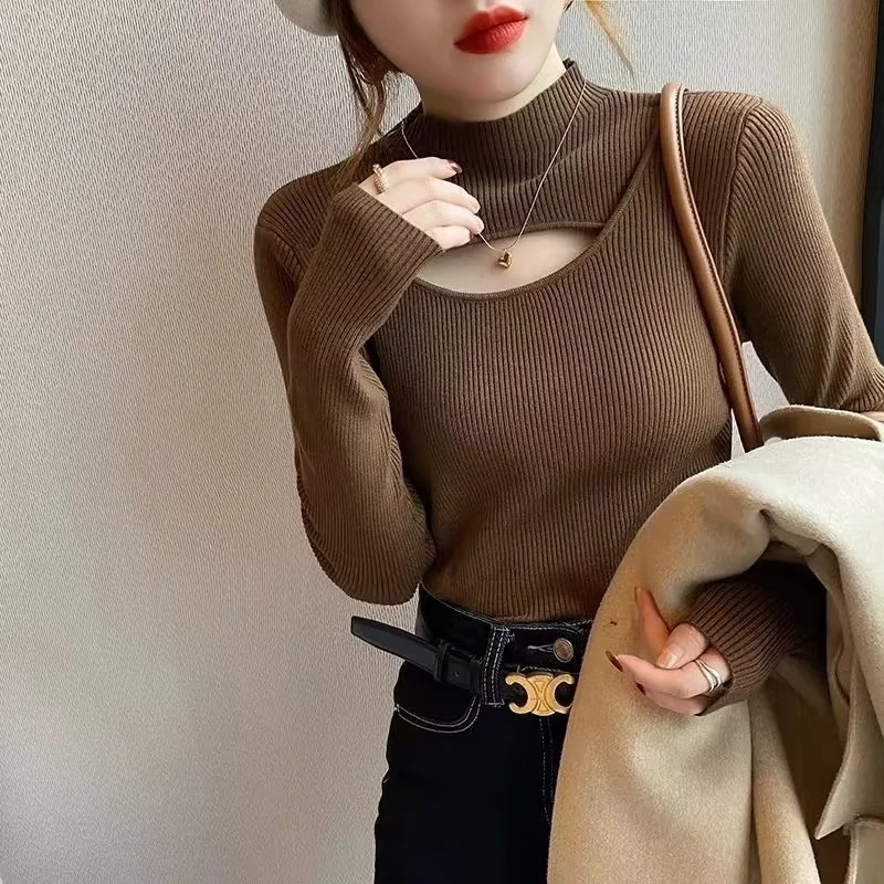 Spring Elegant Long Sleeve Sweater 2022 Fashion Half High Collar Hollow Pullover Autumn Knitted Tops Casual Women Clothes 23189 alx