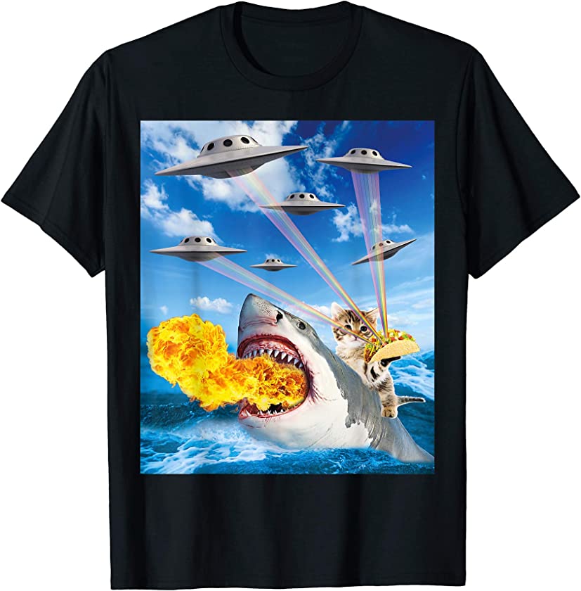 Cat Riding Fire Breathing Shark Rainbow Laser Taco T-Shirt