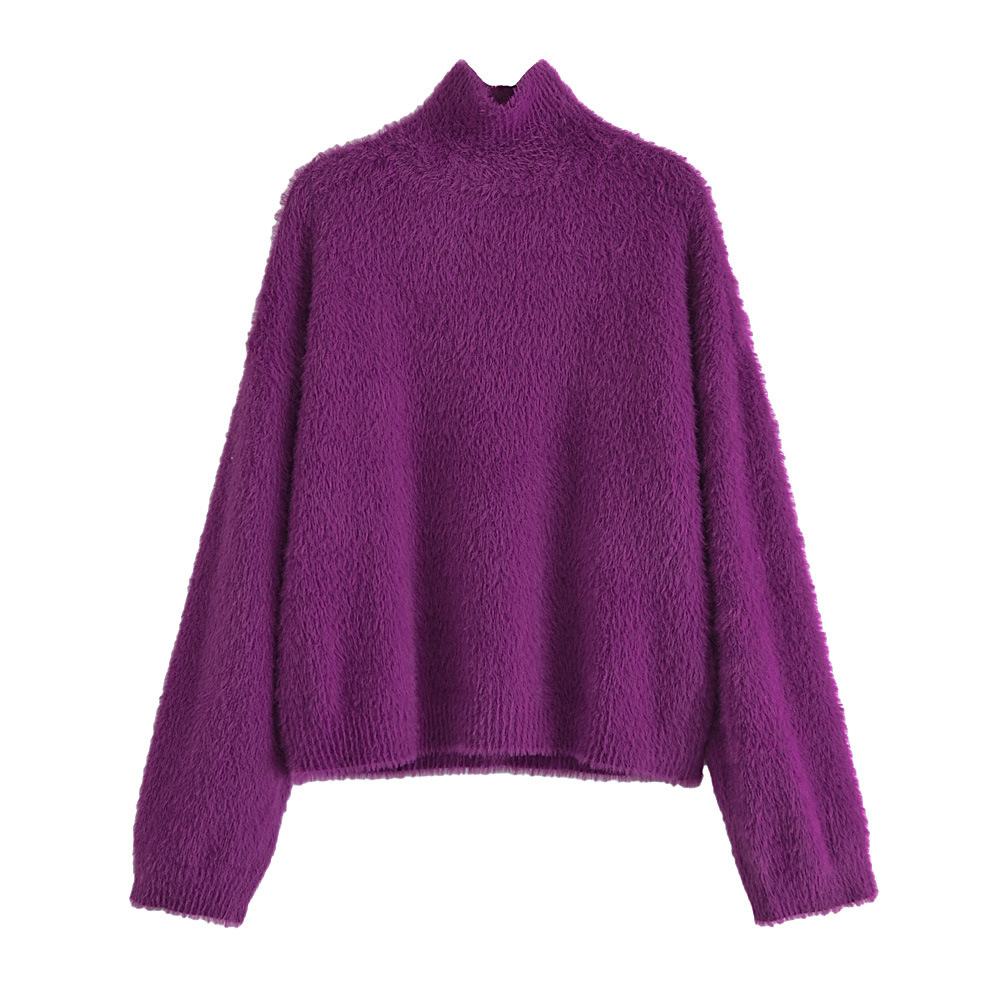 Winter Fashion Casual Purple Half High Neck Loose Sweater Sweater alx