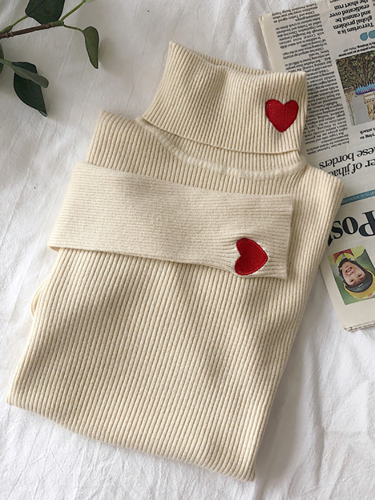 2022 Knitted Women Sweater Ribbed Pullovers Heart Embroidery Turtleneck Autumn Winter Basic Women Sweaters Fit Soft Warm Tops alx