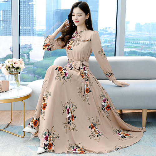 Women’s Elegant Vintage Khaki Long-sleeve Dress 2021 Summer Floral Hollow Out Chiffon Long Evening Party Maxi Dresses Vestidos alx