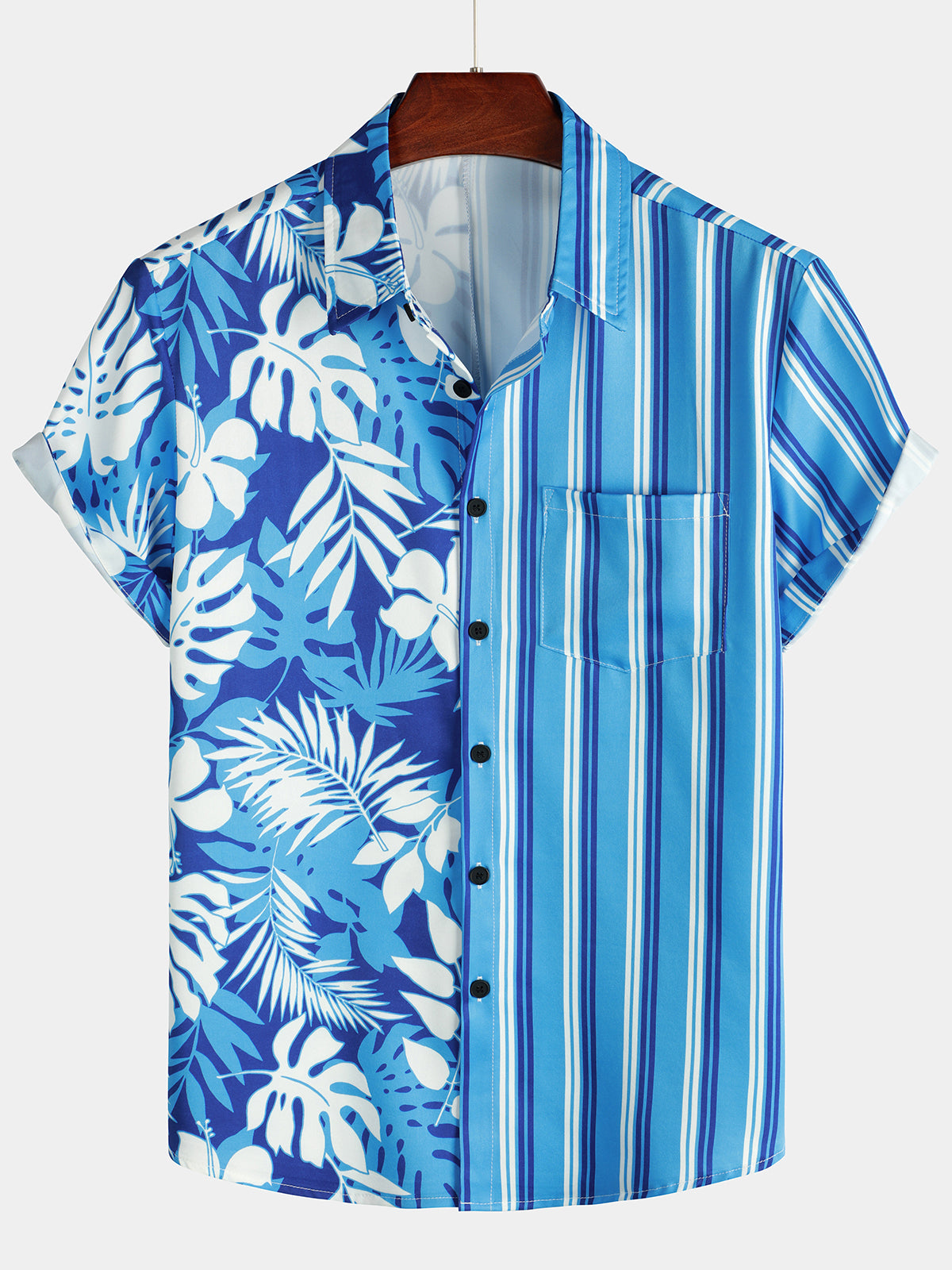 Floral Tropical Print Blue And White Striped Beach Short Sleeve Button Up Hawaii Shirt Ha50994