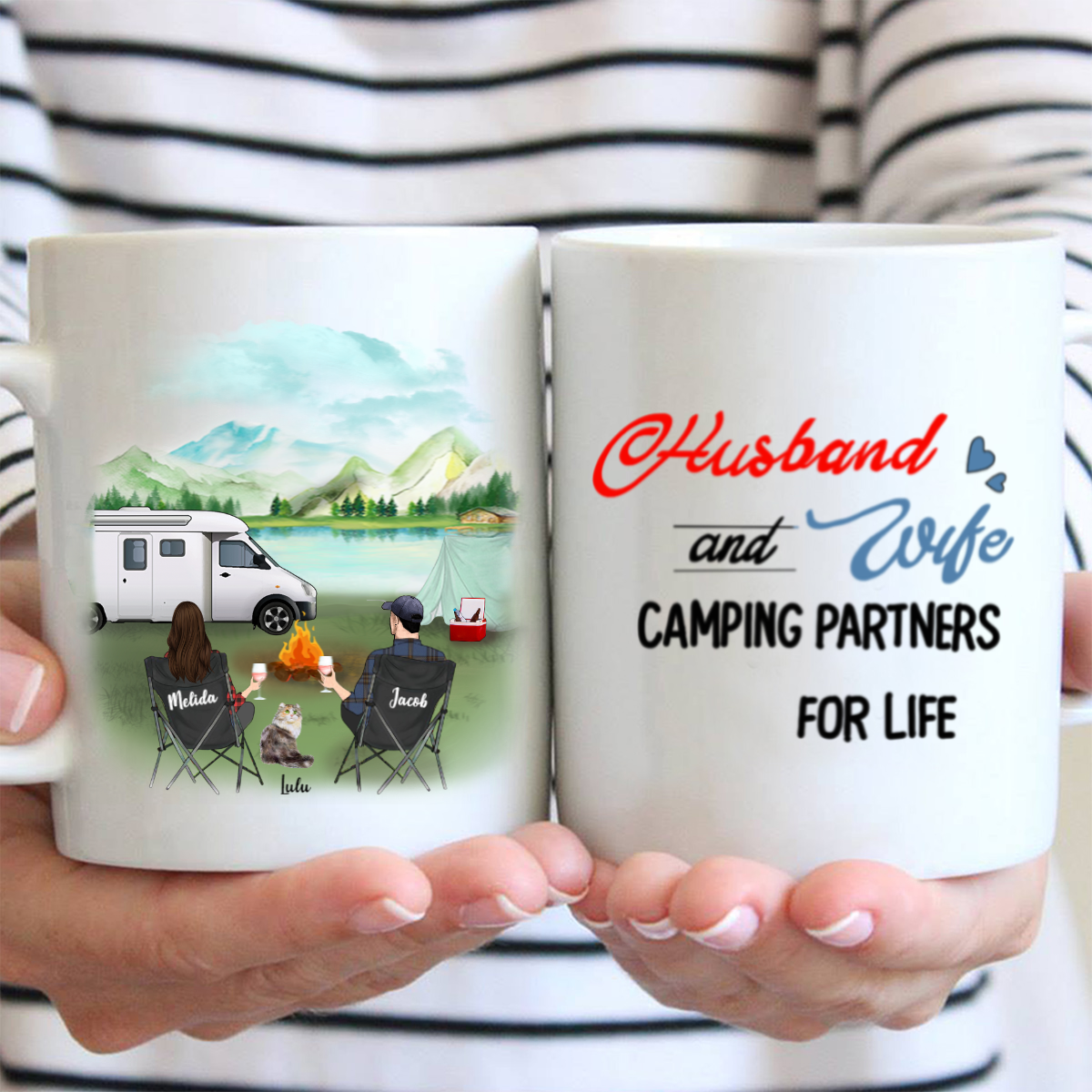 Personalized camping campfire mug, gifts for cat lovers – Couple & 1 Cat Camping Mug – Husband and Wife Camping Partners For Life