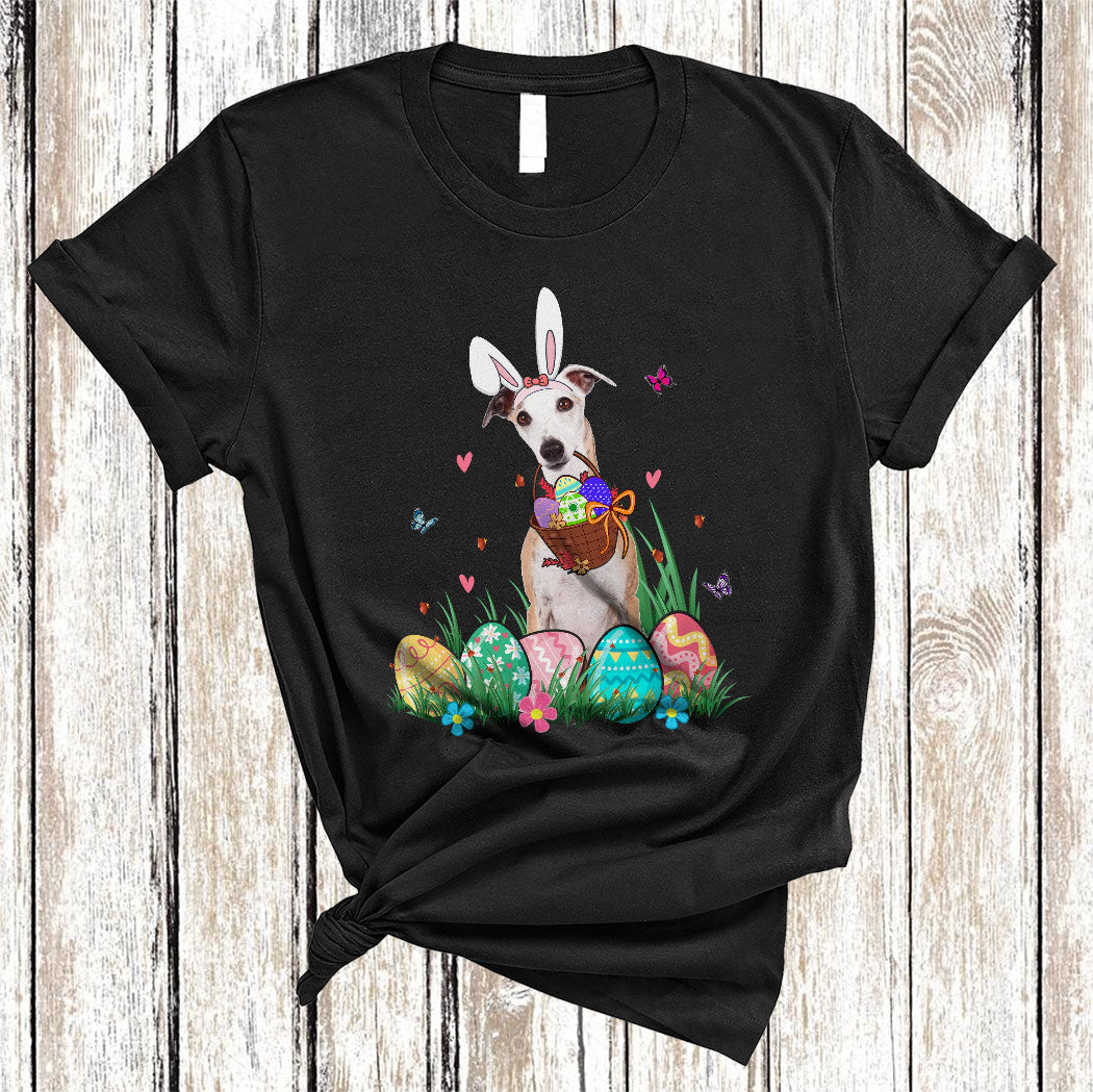 Bunny Whippet With Easter Egg Basket Funny Easter Day Flower Egg Hunt Dog Lover Gifts T-Shirt