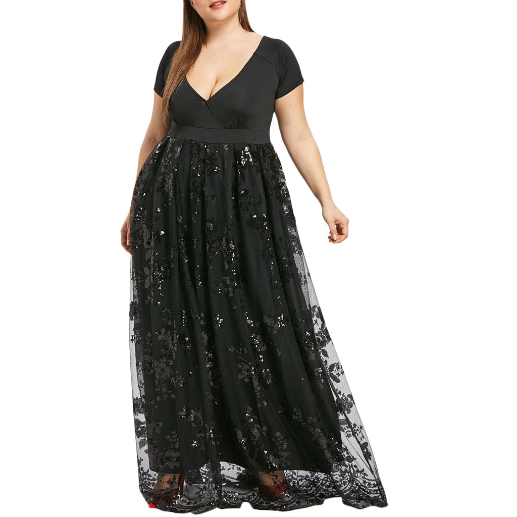 Stylish Bar Women Plus Size Long Dress 5xl Summer Chiffon V-Neck Short Sleeve Top Floral Sequin Swing Evening Party Mesh Dresses alx