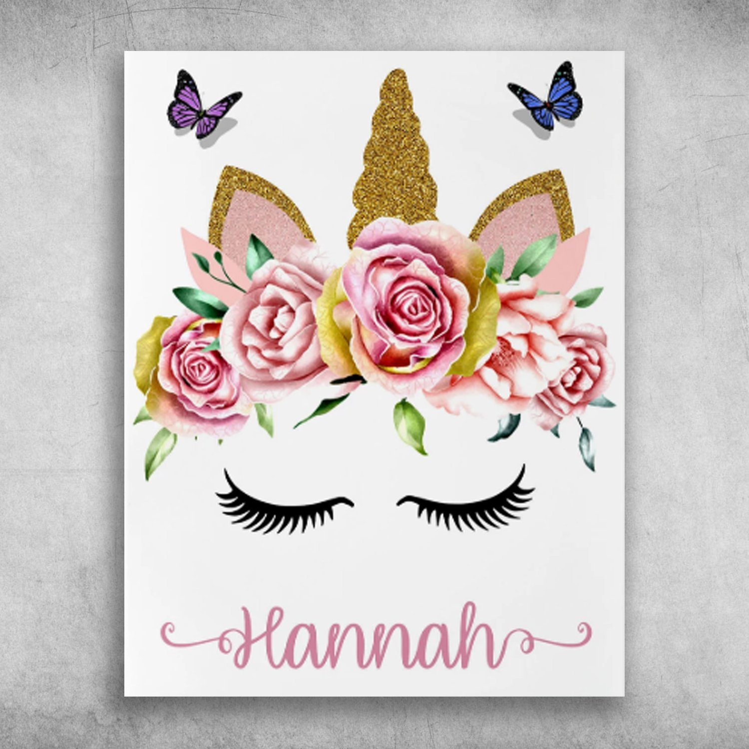 Hannah Beautiful Flower Butterfly Unicorn Personalized Name Poster Print Wall Art Canvas Wall Decor