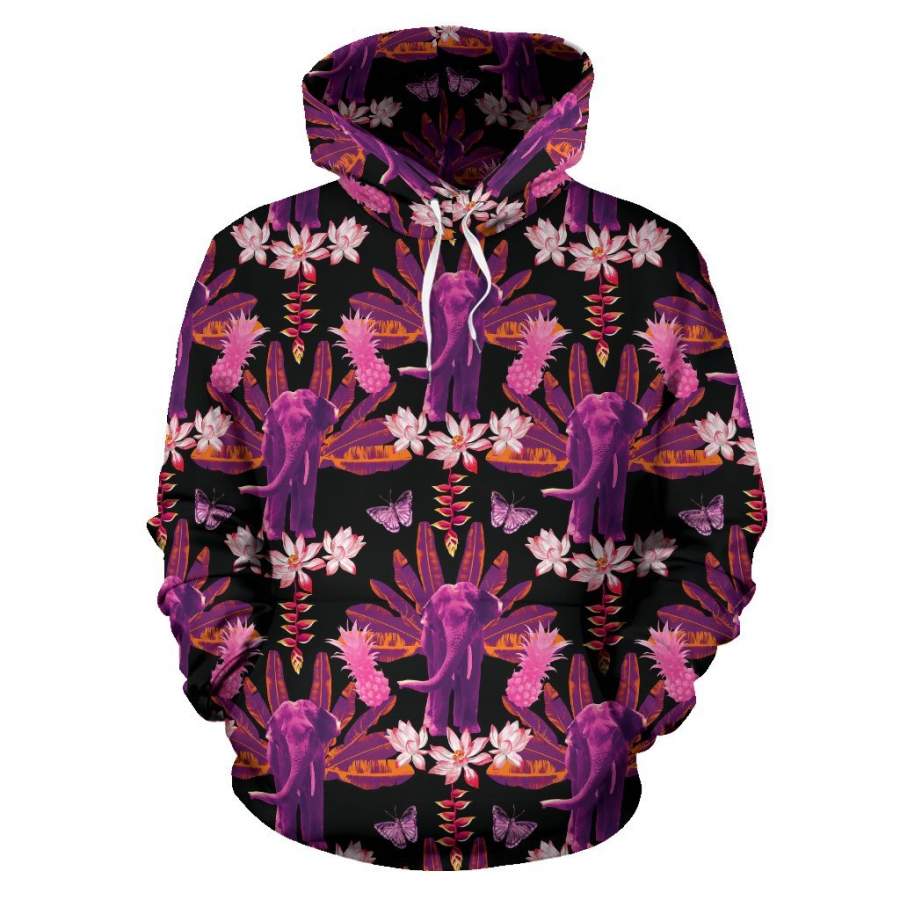 Floral Banana Leaves Elephant Print Women Men All Over Graphic Hoodie