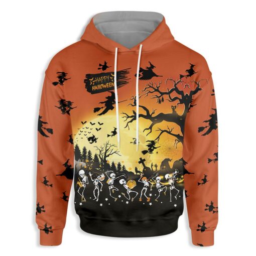 Dancing Skeletons Halloween All Over Print Hoodie For Men & Women, Flying Witch Spooky Hoodie Gift For Halloween Day