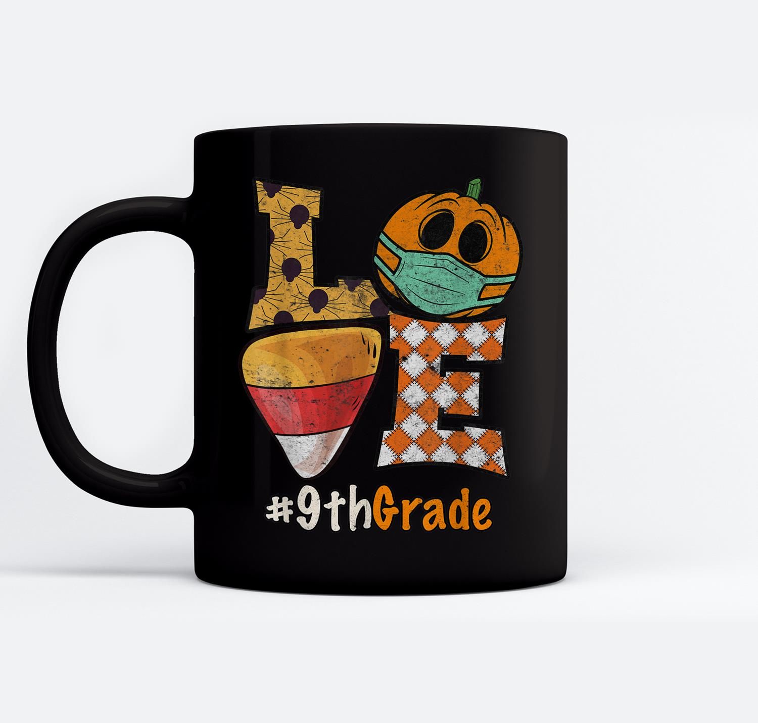 Love 9Th Grade Halloween 2021 Candy Pumpkin Wearing Mask Ceramic Coffee Black Mugs