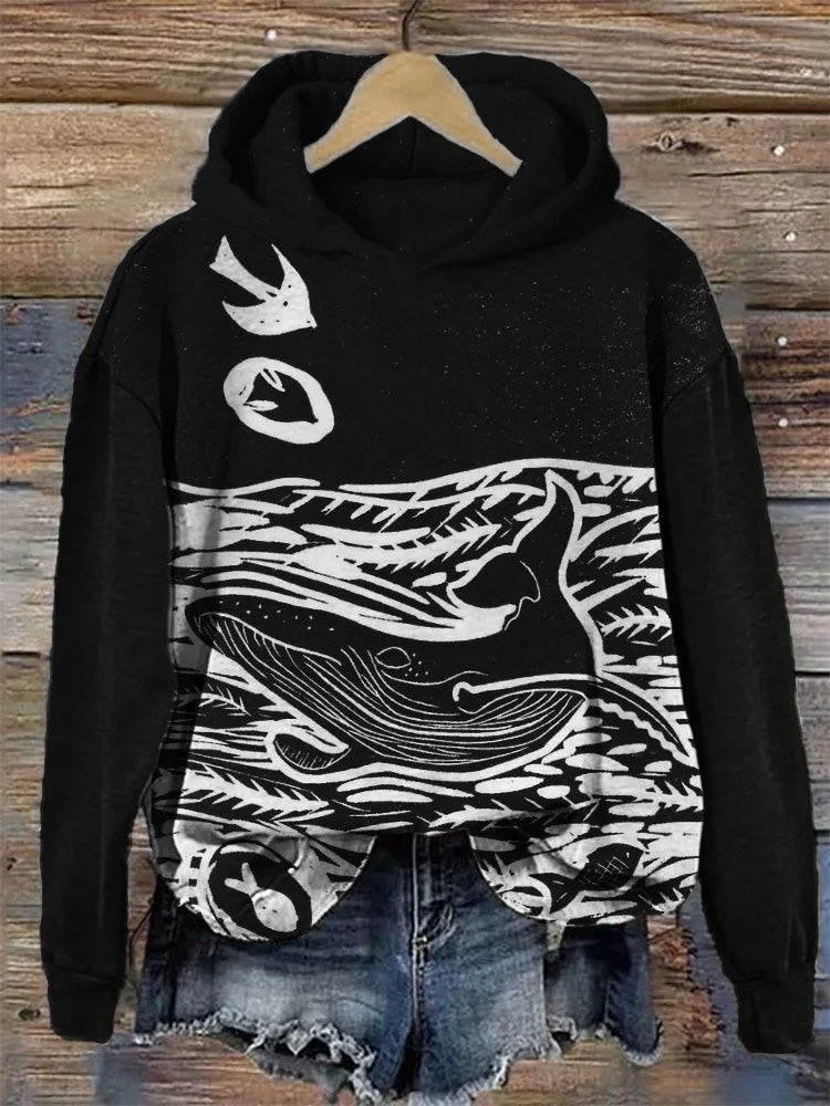 Whale & Ocean Japanese Lino Art Print Hoodie