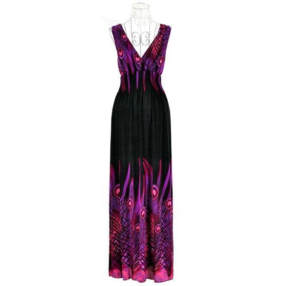 Sexylady Women’S Bohemian Peacock Tail Hawaiian V-Neck Long Beach Dress Sundress