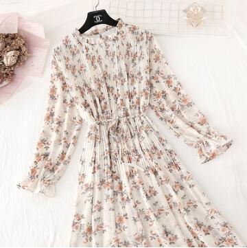 Women Long Dress 2020 New Spring Autumn Vintage Floral Print Pleated Chiffon Dress Long sleeve Loose Plus Size Dresses Vestidos alx