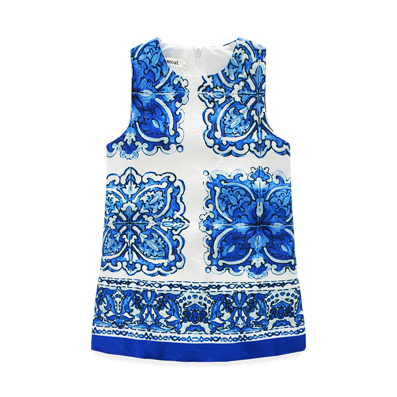 BINIDUCKLING Summer Toddler Girls Dress Children Designer Brand Blue white Printed Sleeveless With Lining Kids Girls Dresses alx